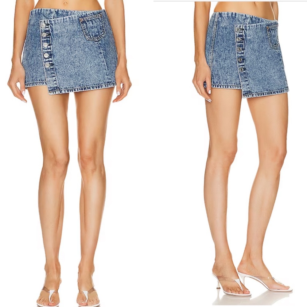 Re/Done Acid Blue Wrap Micro Mini Skirt Womens 27 Button Denim Jean Pocket NEW
